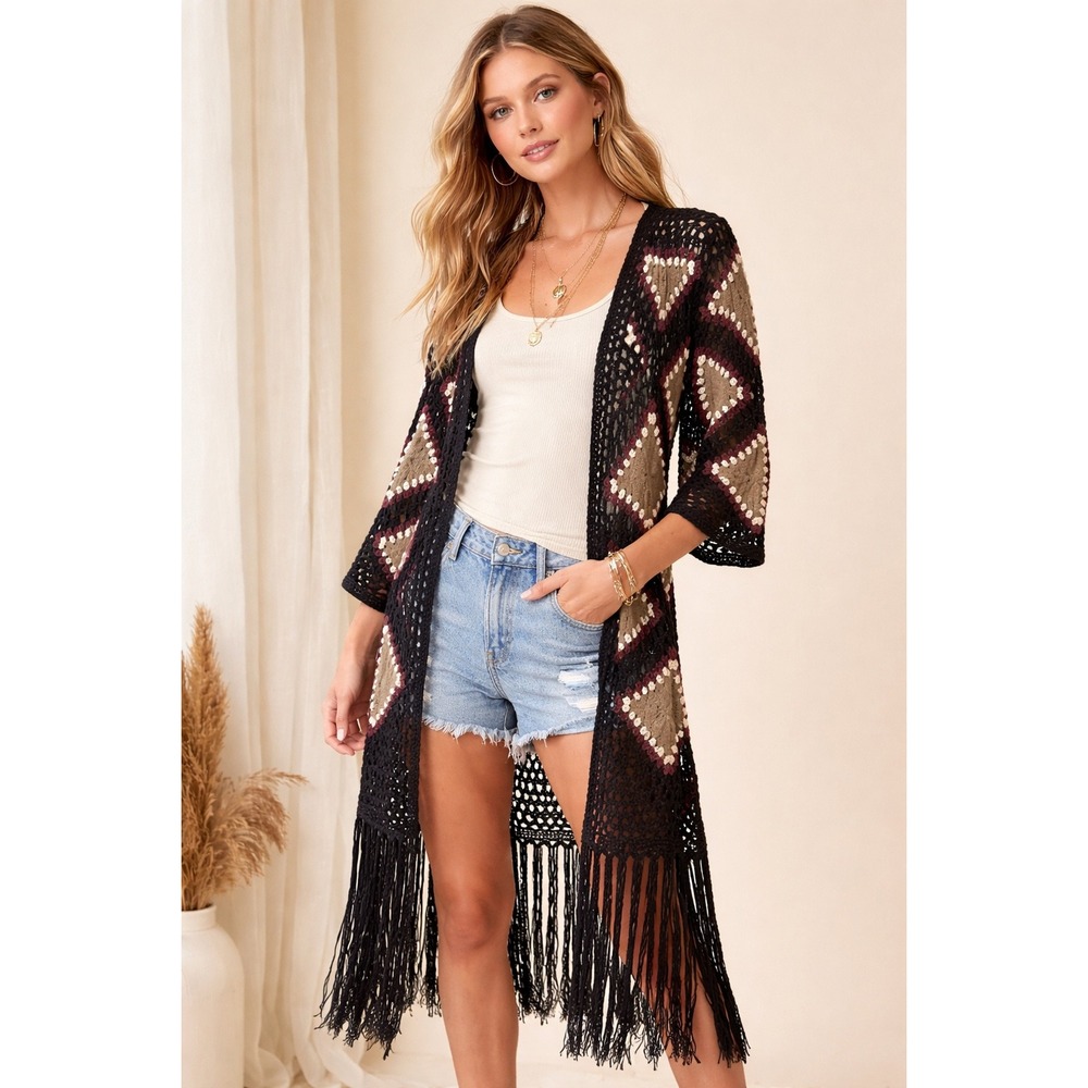 Umgee Crochet Duster Cardigan Fringe Boho Southwestern Festival Open Front Sz M